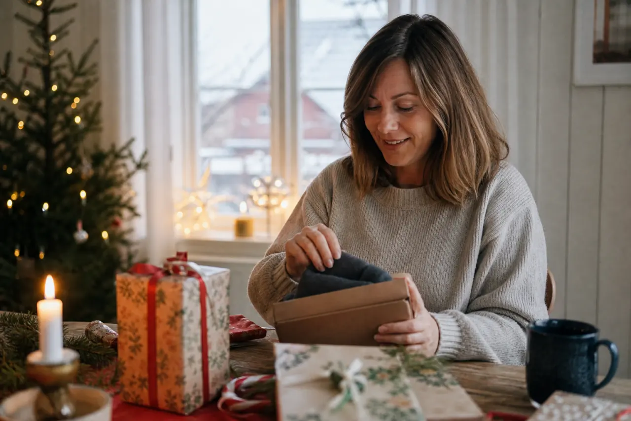 Mamma som öppnar en omtänksam julklapp hemma