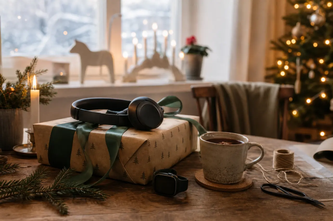 inslagen julklapp med teknikprylar och en kopp glögg på ett bord