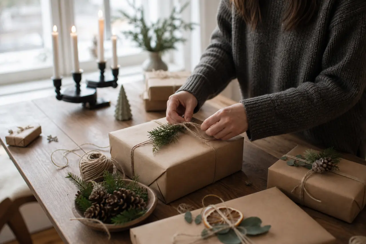 minimalistiskt inslaget paket i naturmaterial mot ljus bakgrund
