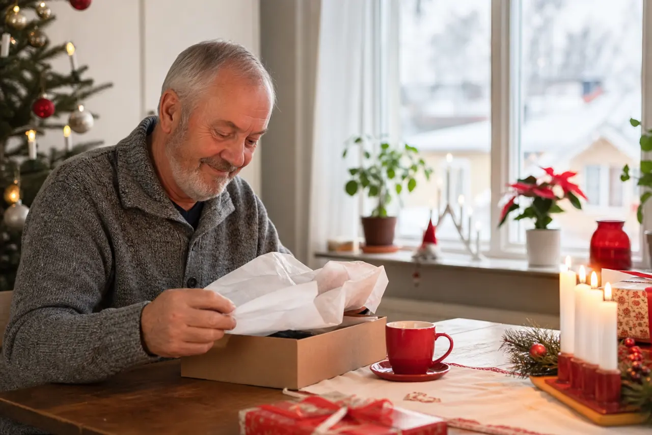 äldre man öppnar julklapp vid köksbordet med kaffekopp