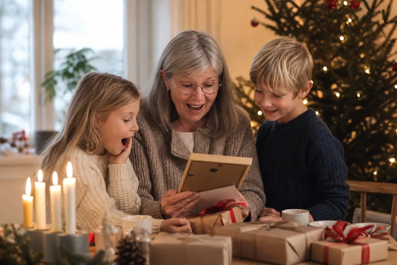 mormor öppnar en personlig julklapp tillsammans med barnbarn