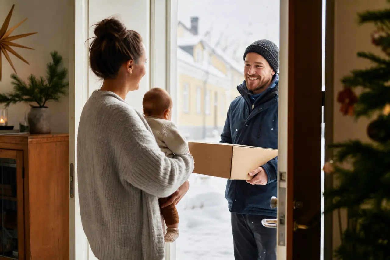 nybliven förälder tar emot en leverans hemma med bebis i famnen