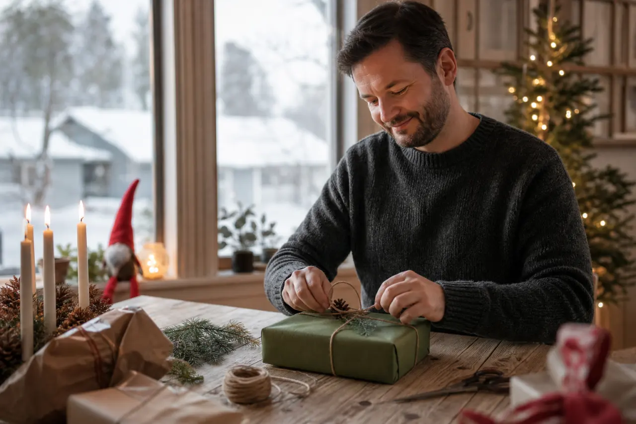 inslagen julklapp till pappa i ett hobby- eller matlagningstema