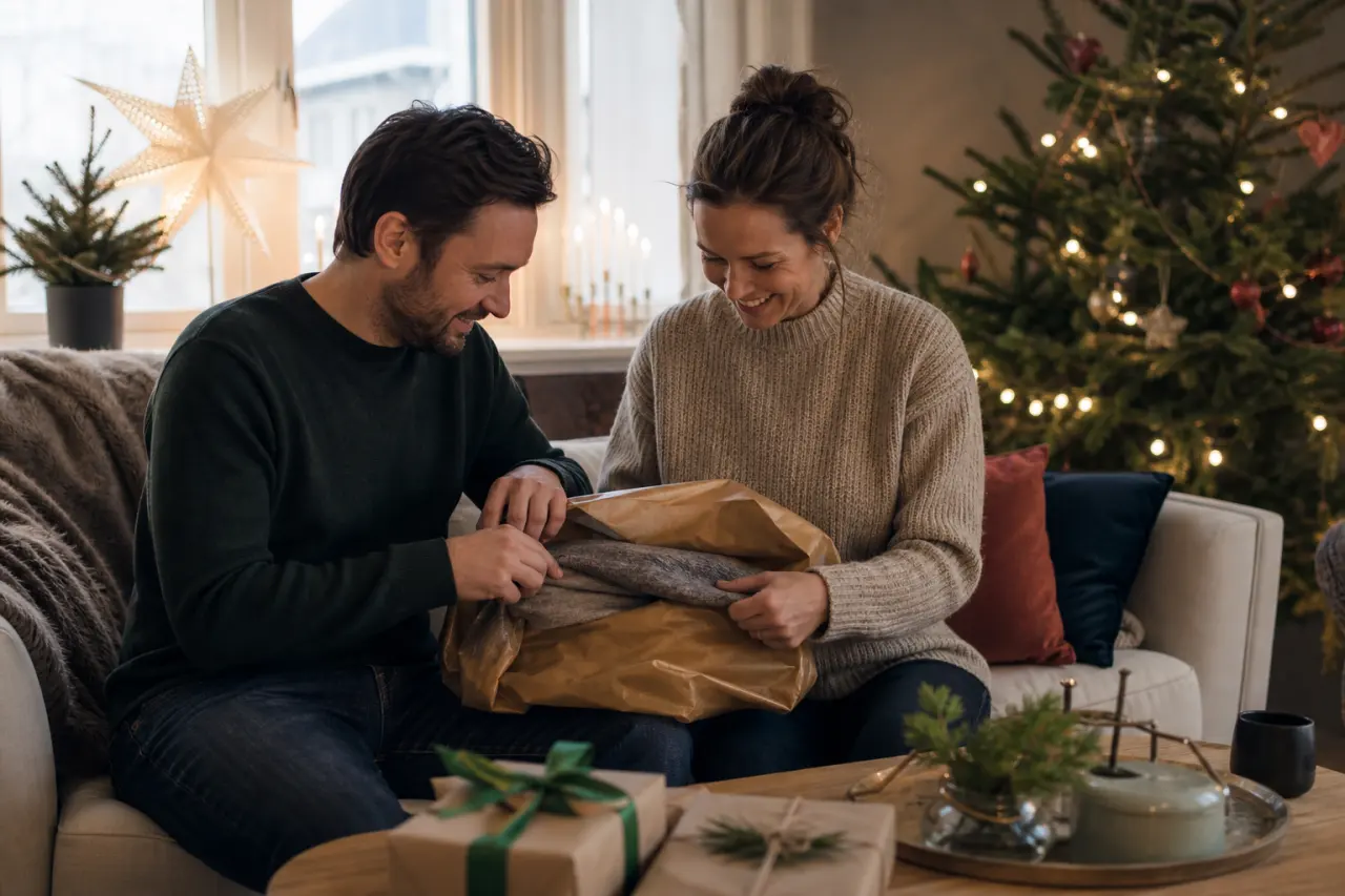 par som packar upp en gemensam julklapp tillsammans i soffan