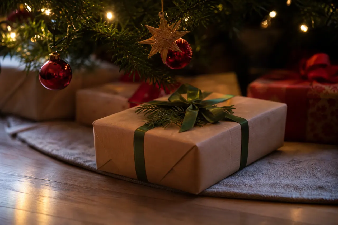 inslagen julklapp till pojkvän under granen med julbelysning