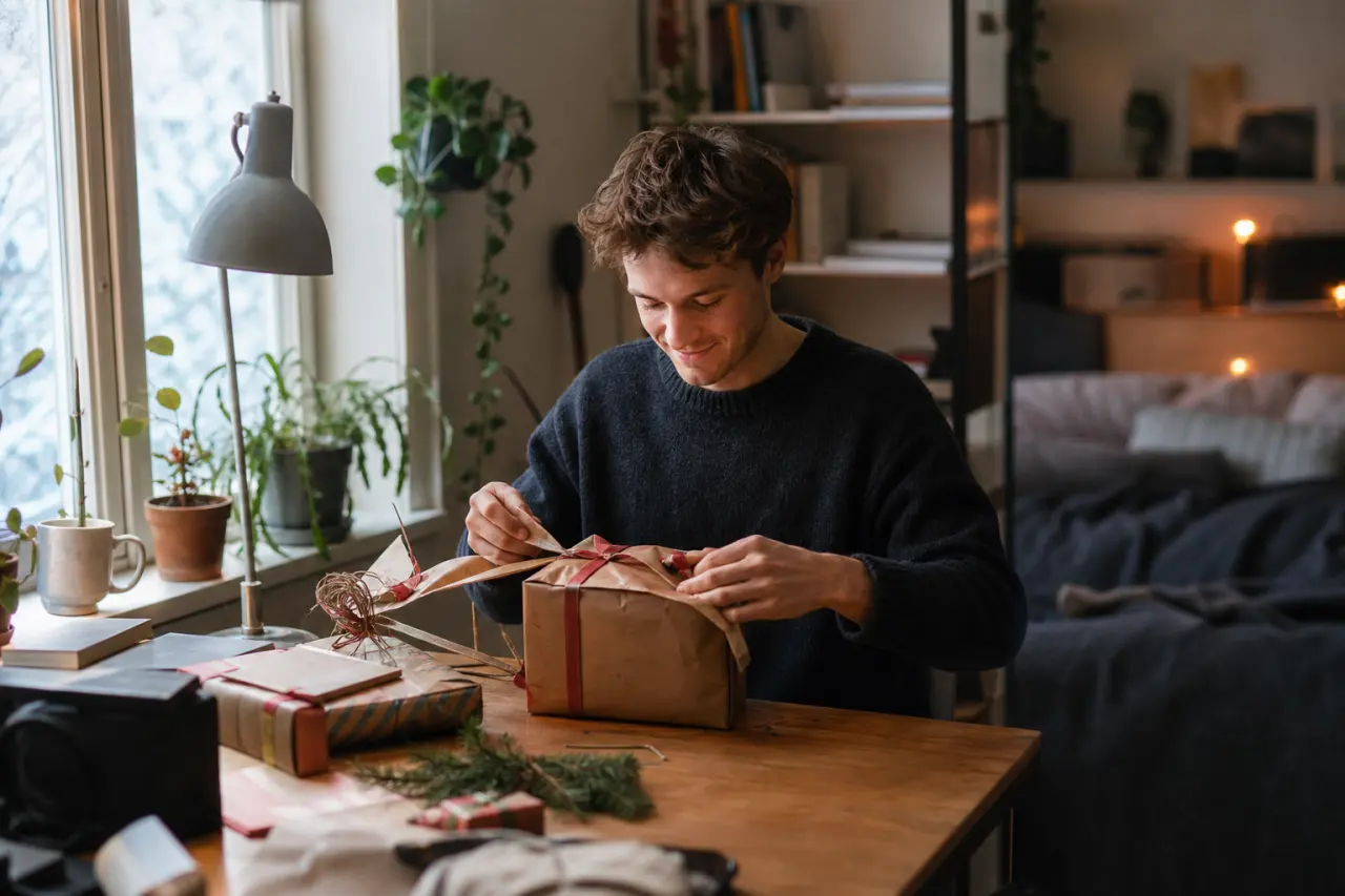 student i en liten studentlägenhet som öppnar ett paket vid skrivbordet