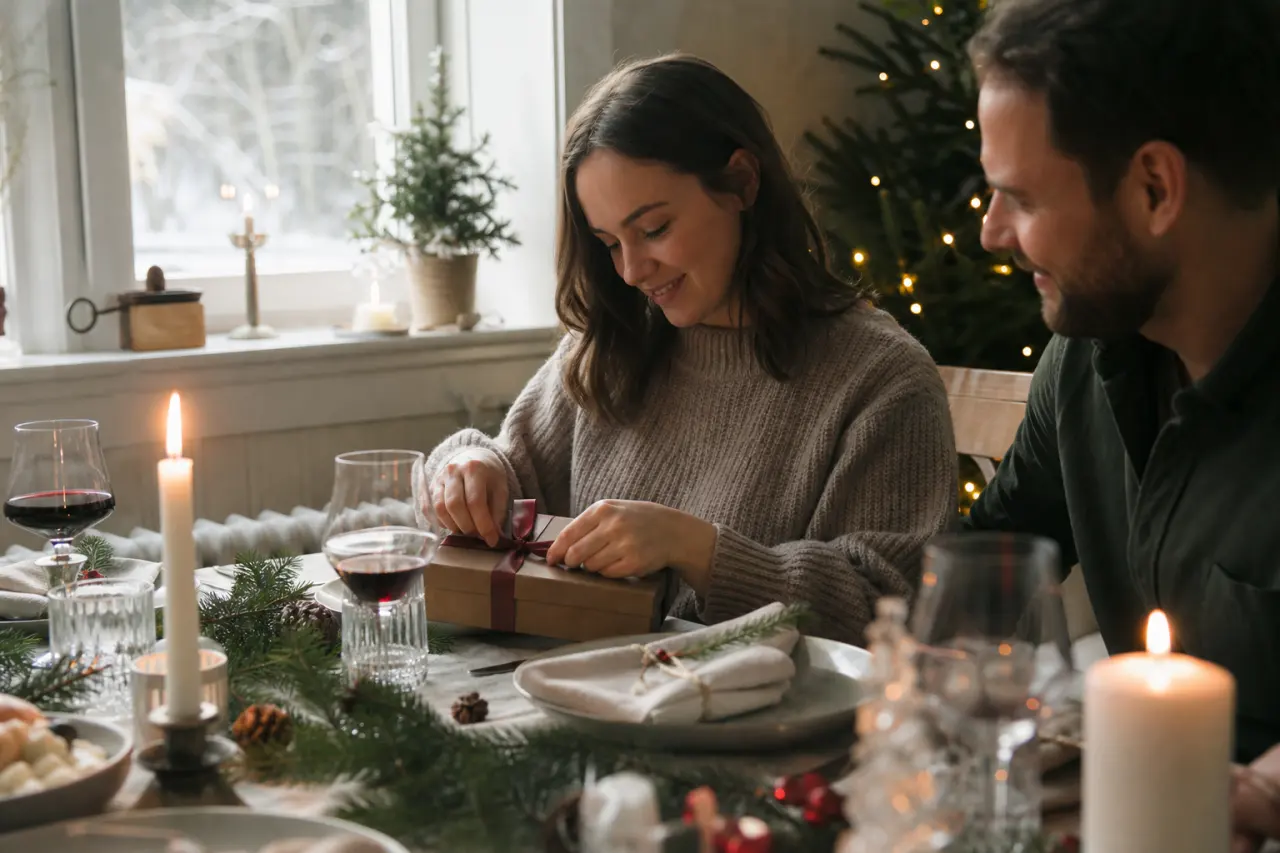 Neutral choklad- eller presentförpackning på ett dukat julbord