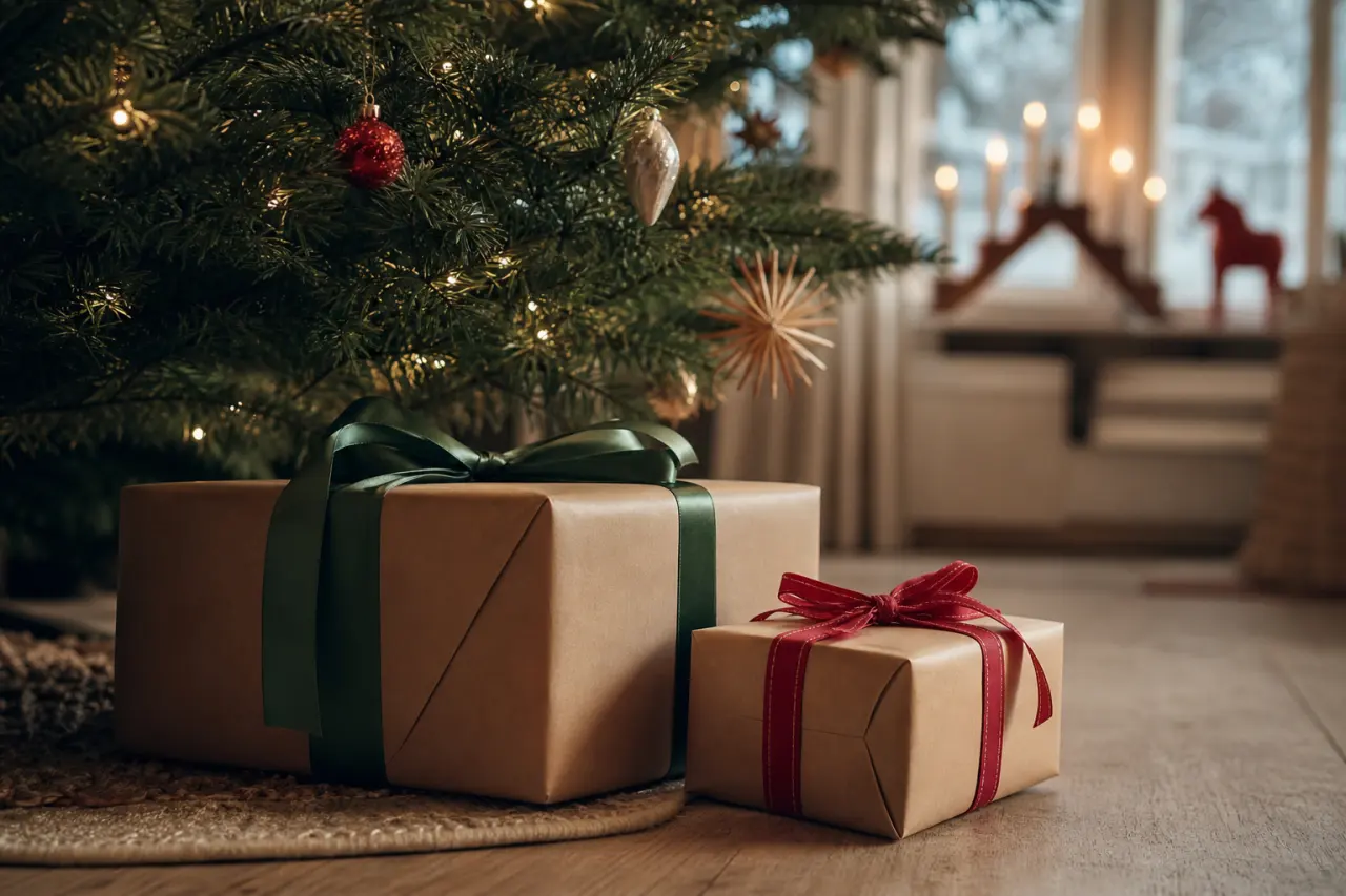 Två presentpaket i olika storlek bredvid varandra under granen