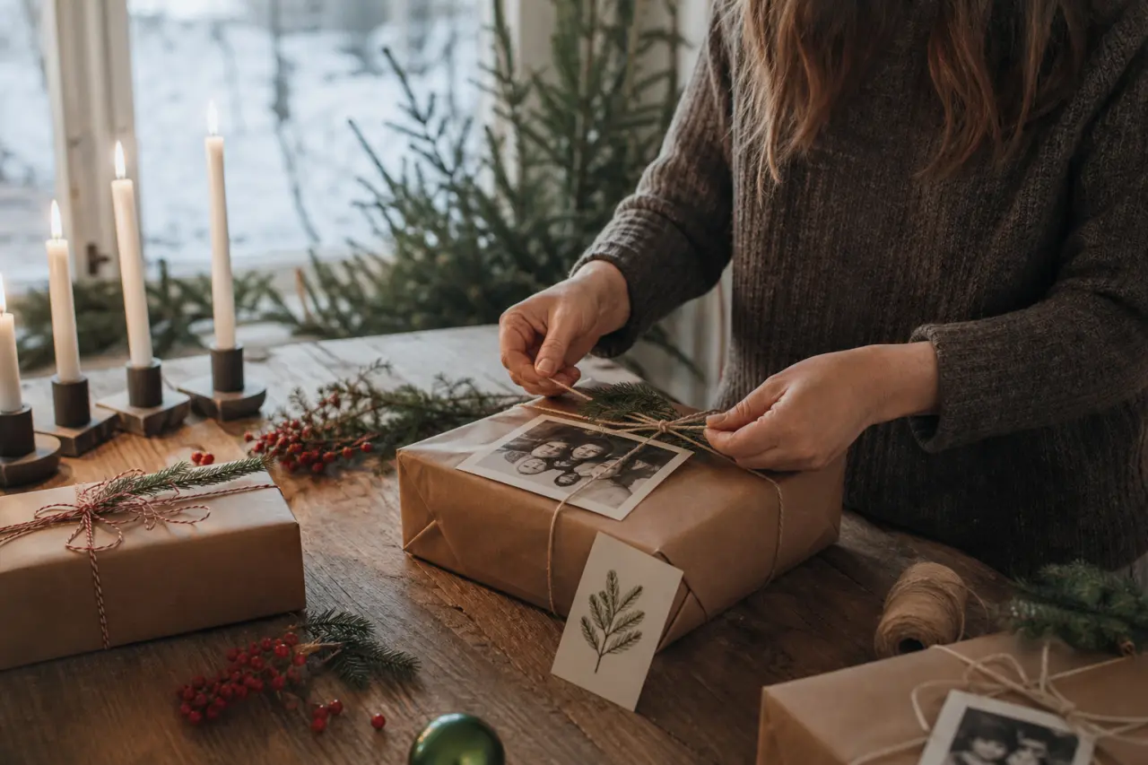 Personligt inslaget presentpaket med foto och hälsningskort