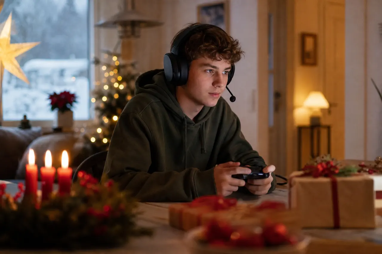 Tonårskille med gaming-headset eller spelkontroll, neutral produktscen