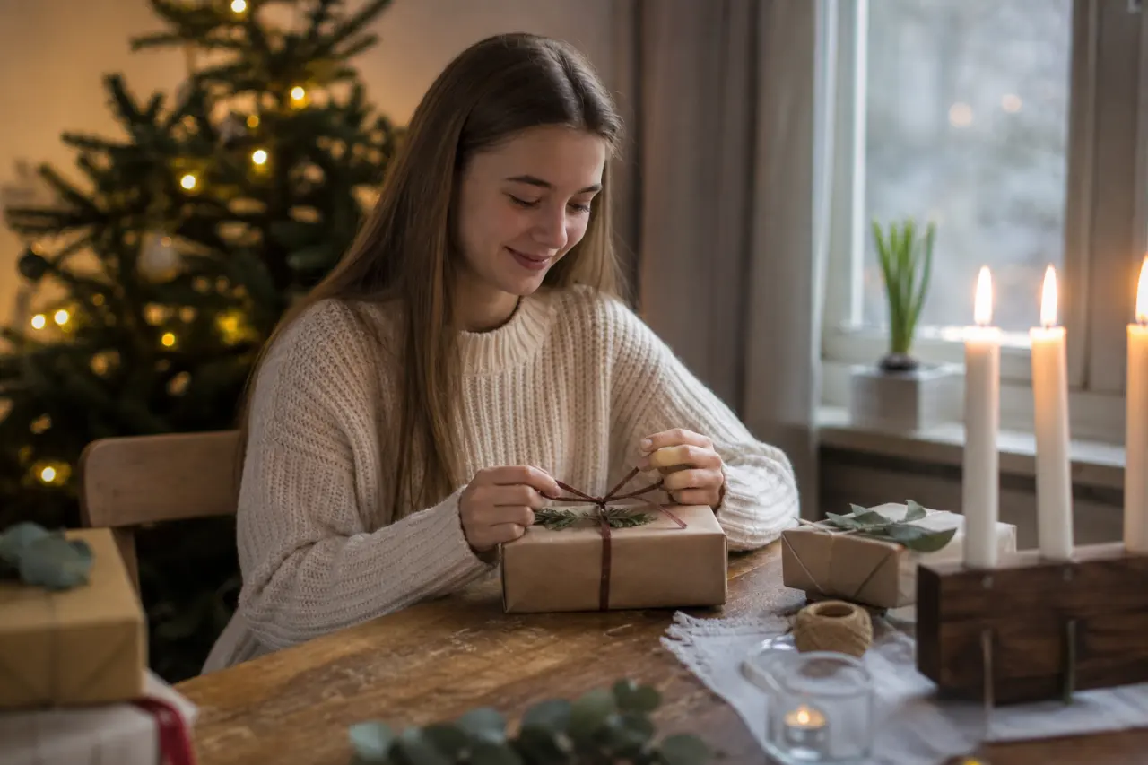 Tonårstjej med personlig present, t.ex. inslaget paket eller fotoalbum, neutral scen