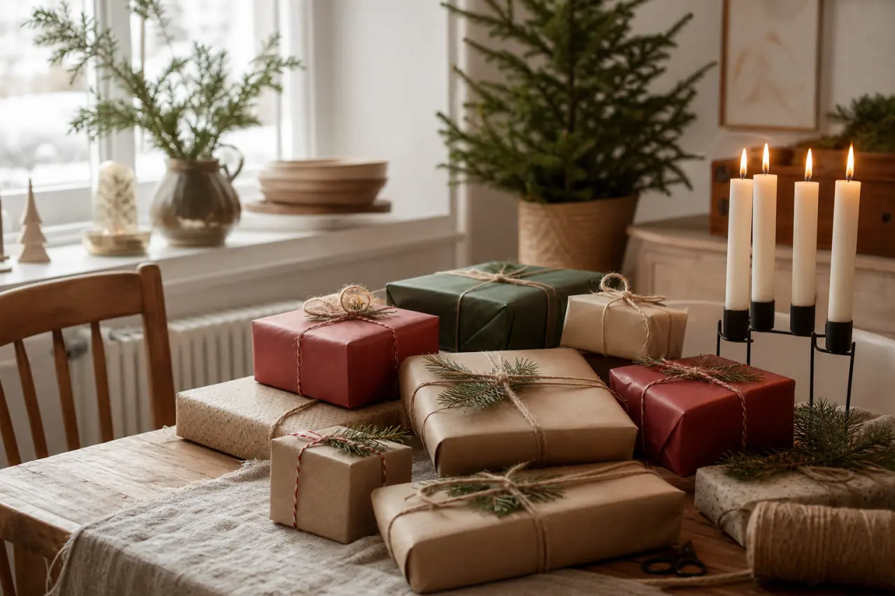 Grupp med inslagna Secret Santa-paket i neutral storlek, ingen synlig etikett